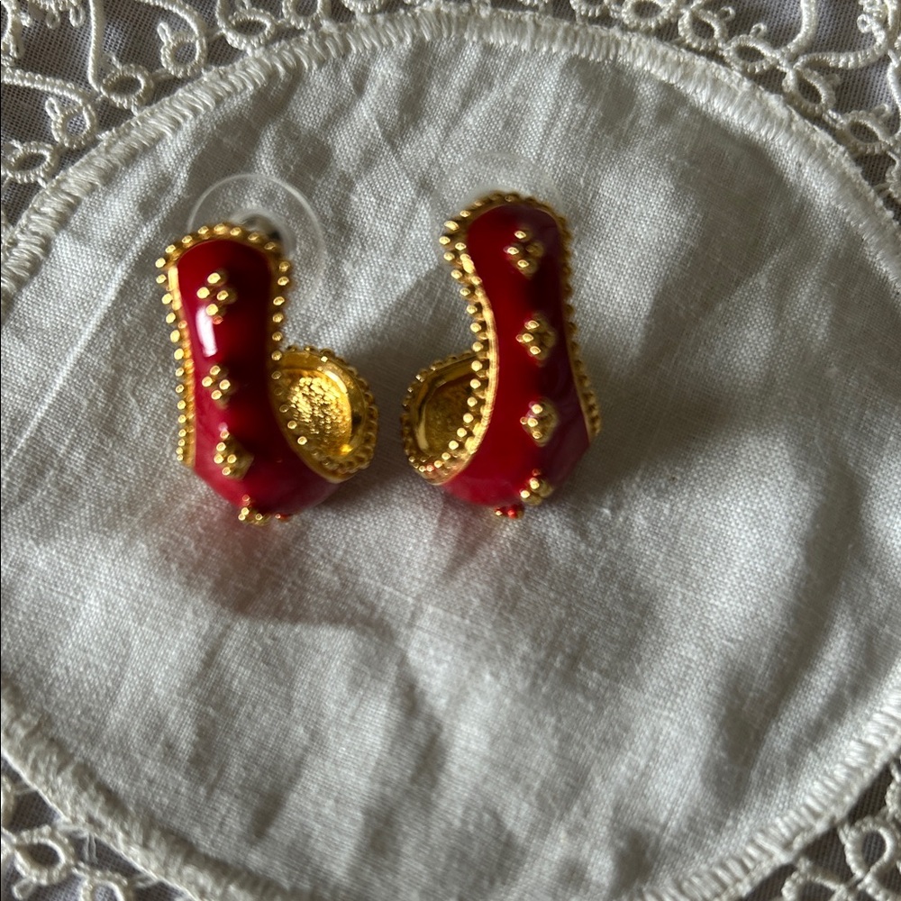 Source Unknown Red and Gold Enamel Hoop Earrings